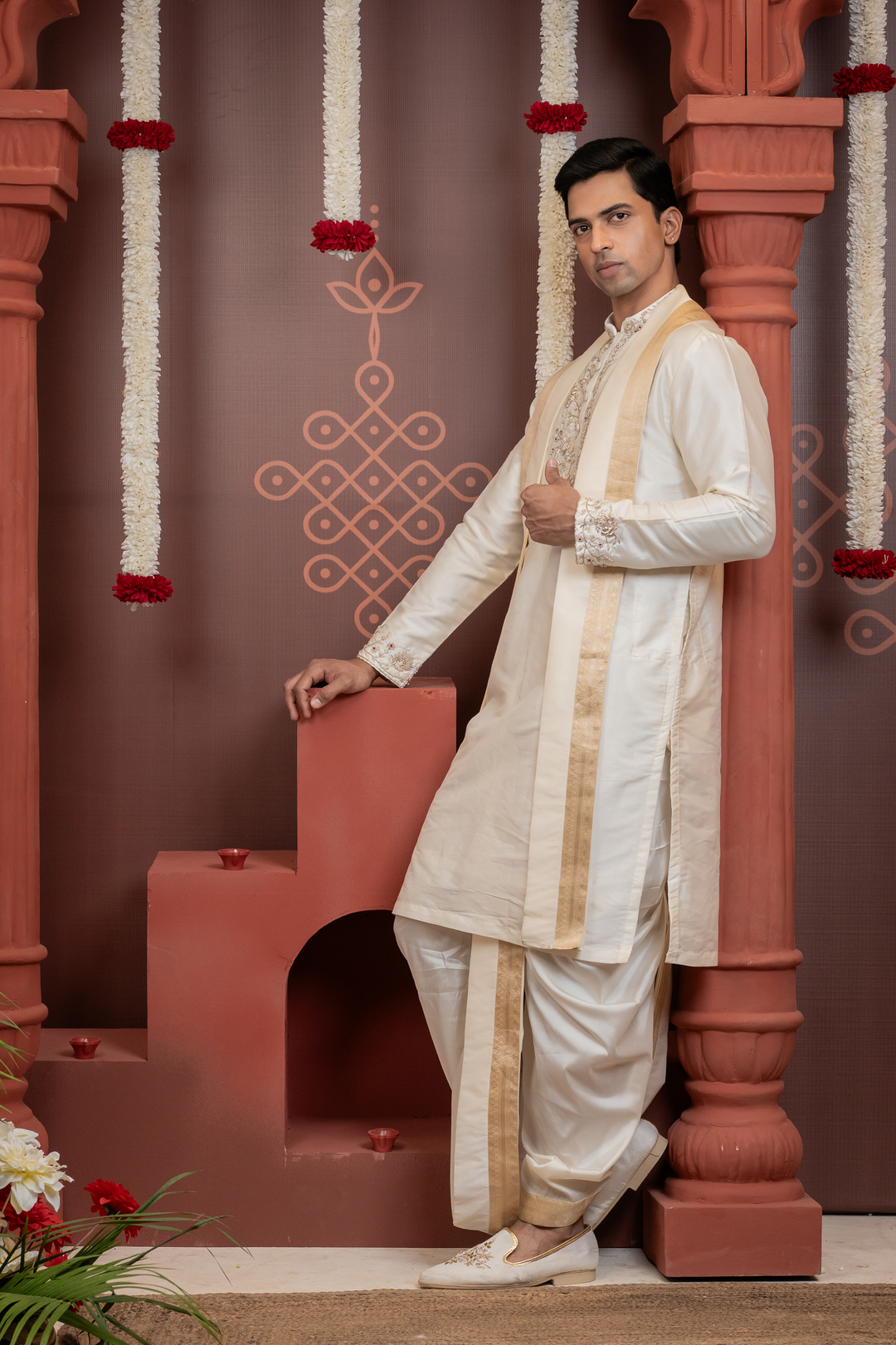 Tamrap — Ivory Hand Embroidered Placket &amp; Zari Border Semi Pattu Kurta + Dhoti &amp; Kanduva Set
