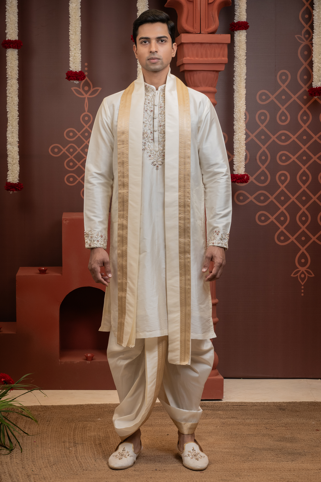Tamrap — Ivory Hand Embroidered Placket &amp; Zari Border Semi Pattu Kurta + Dhoti &amp; Kanduva Set