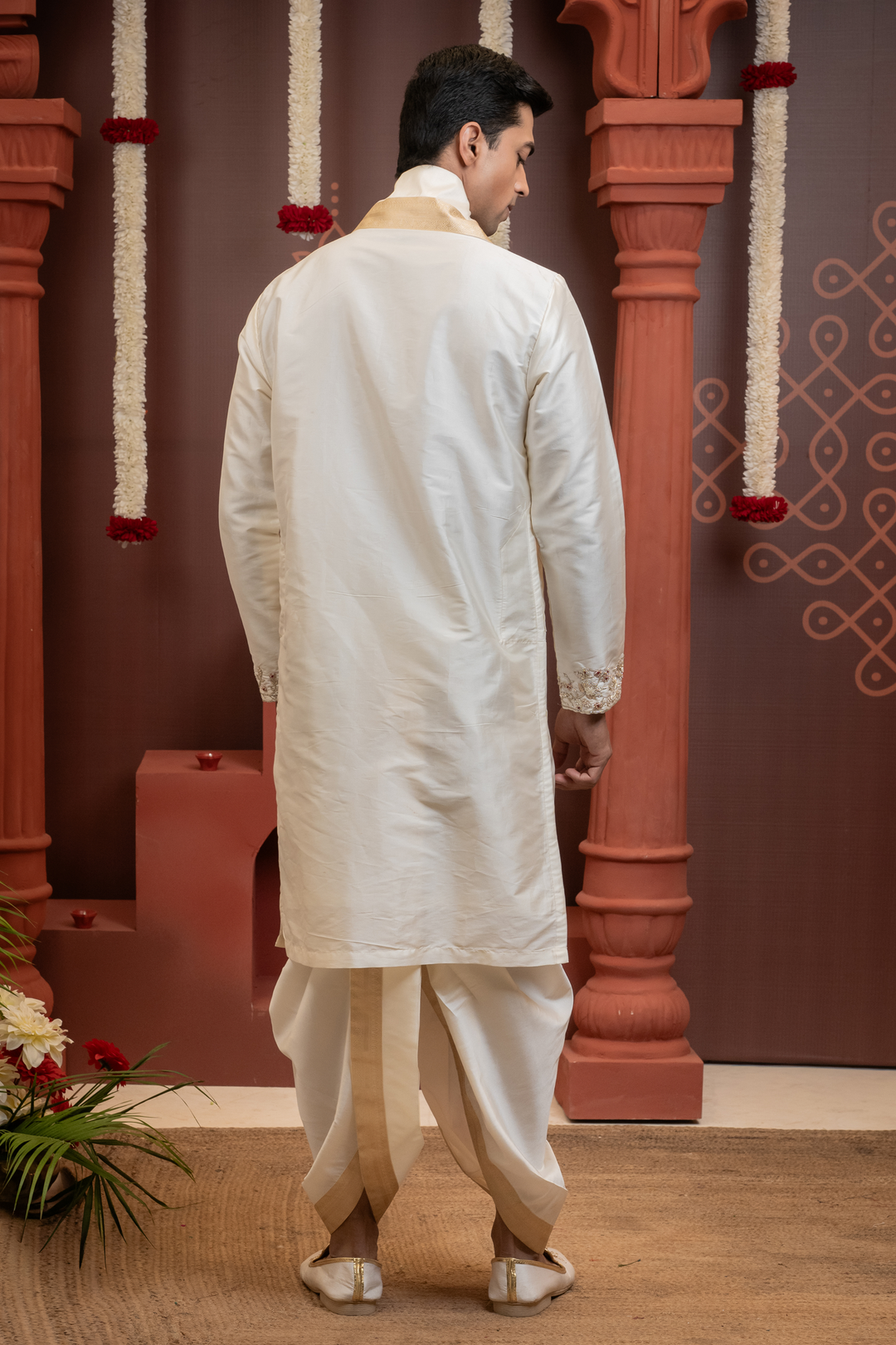 Tamrap — Ivory Hand Embroidered Placket &amp; Zari Border Semi Pattu Kurta + Dhoti &amp; Kanduva Set