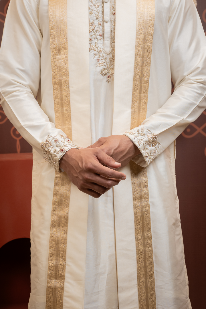 Tamrap — Ivory Hand Embroidered Placket &amp; Zari Border Semi Pattu Kurta + Dhoti &amp; Kanduva Set