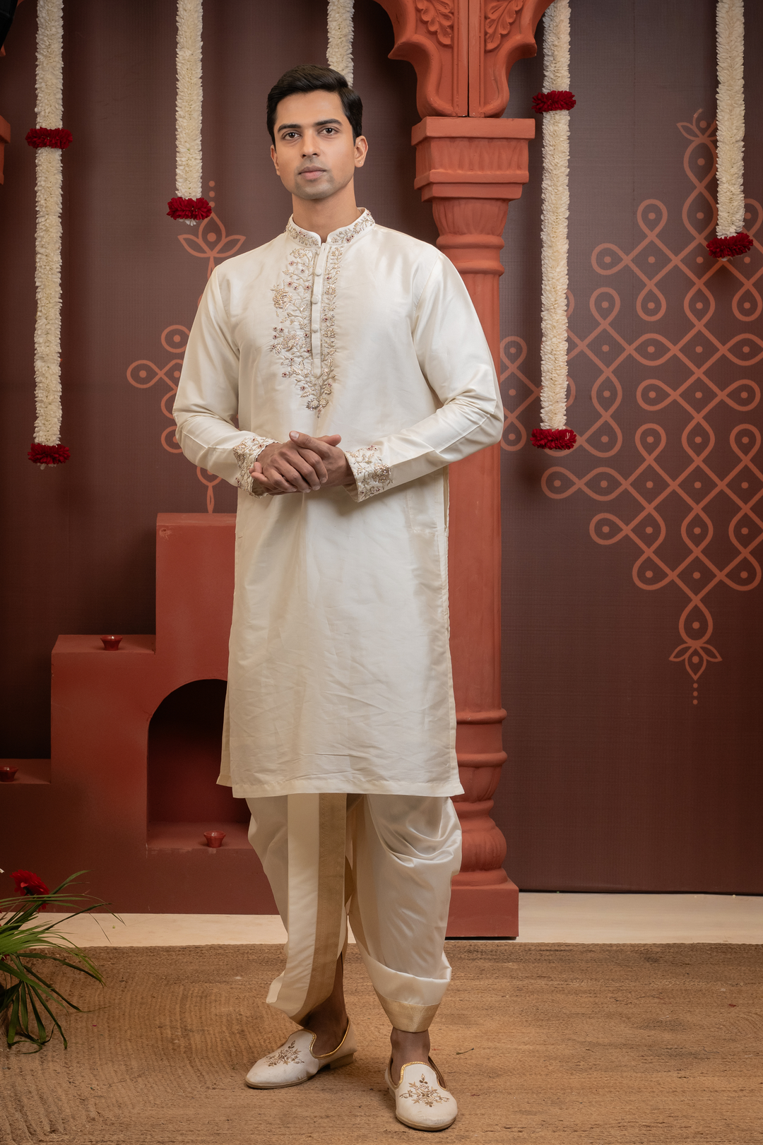 Tamrap — Ivory Hand Embroidered Placket &amp; Zari Border Semi Pattu Kurta + Dhoti &amp; Kanduva Set