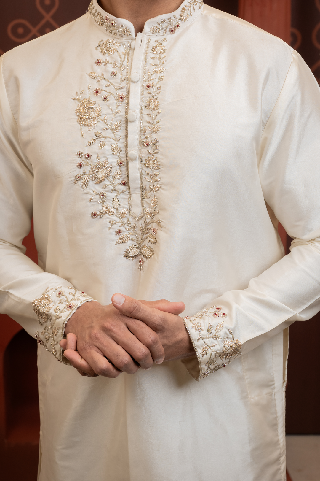 Tamrap — Ivory Hand Embroidered Placket &amp; Zari Border Semi Pattu Kurta + Dhoti &amp; Kanduva Set
