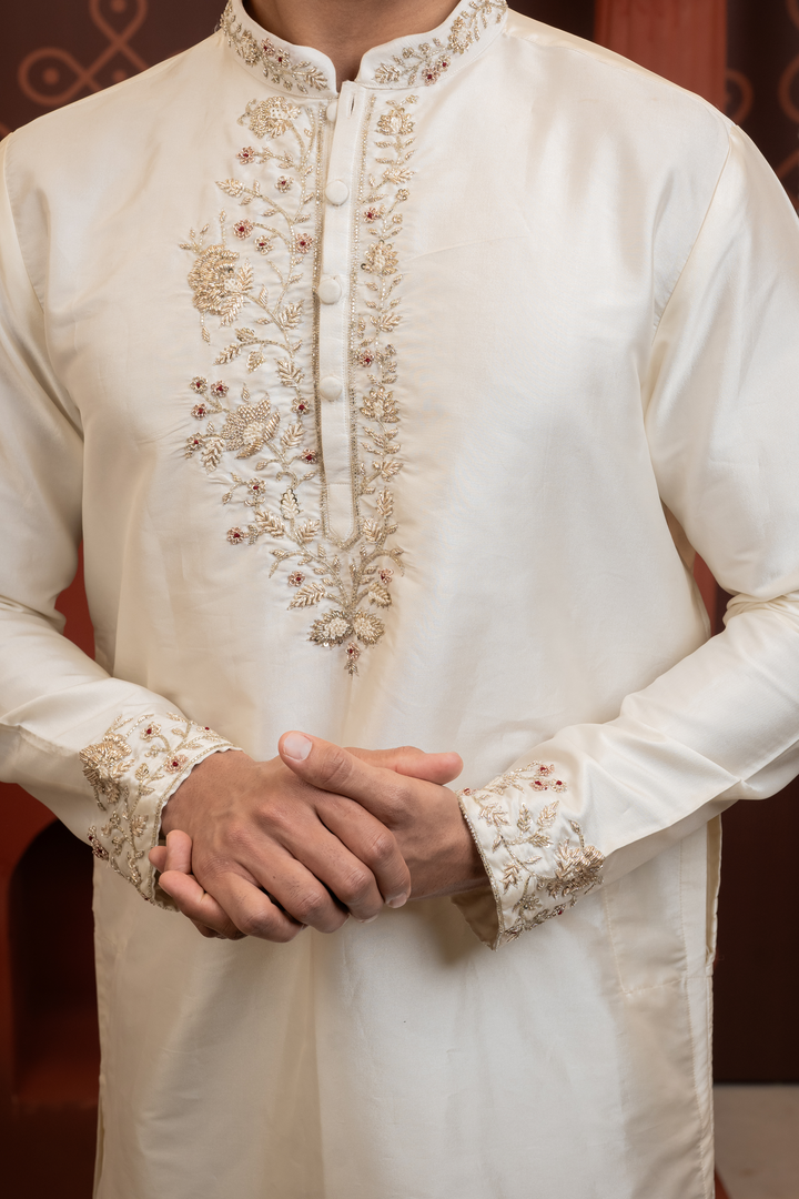 Tamrap — Ivory Hand Embroidered Placket &amp; Zari Border Semi Pattu Kurta + Dhoti &amp; Kanduva Set