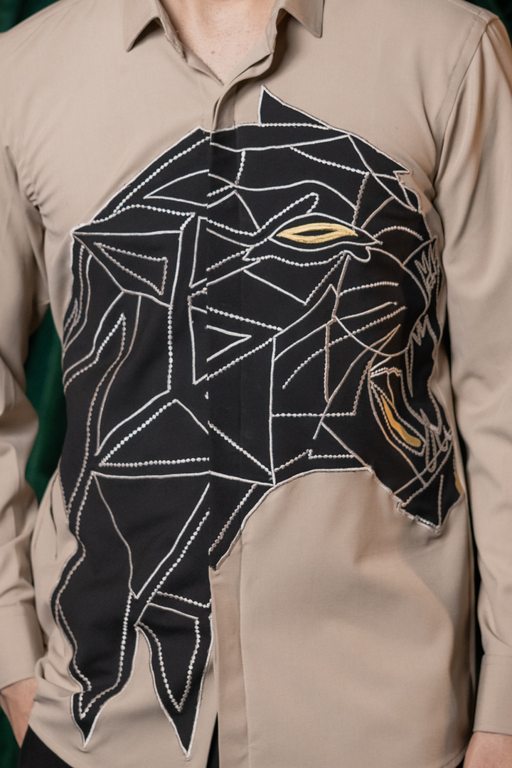 Persona — Beige Hand Embroidered 4-Way Stretch Shirt