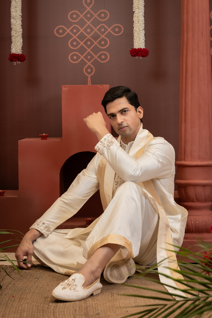 Tamrap — Ivory Hand Embroidered Placket &amp; Zari Border Semi Pattu Kurta + Dhoti &amp; Kanduva Set