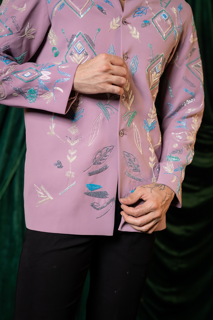 Foliage — Dusty Mauve Hand Embroidered Armani Fabric Shacket