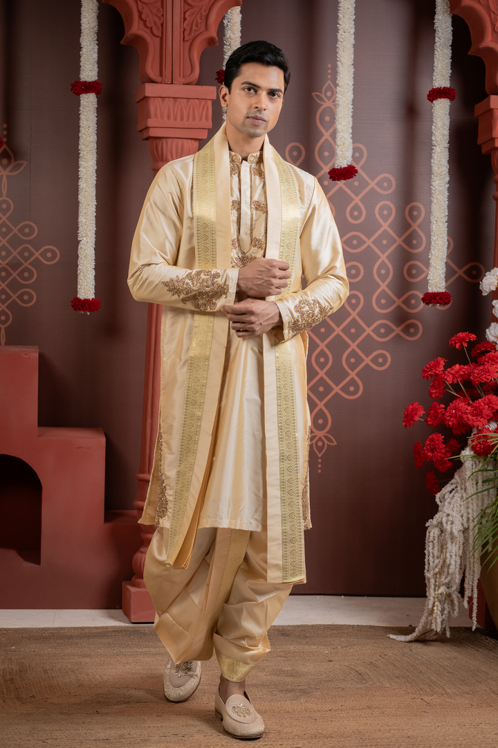 Dhavala — Ivory Hand Embroidered Necklace Placket &amp; Zari Border Semi Pattu Kurta + Dhoti &amp; Kanduva Set