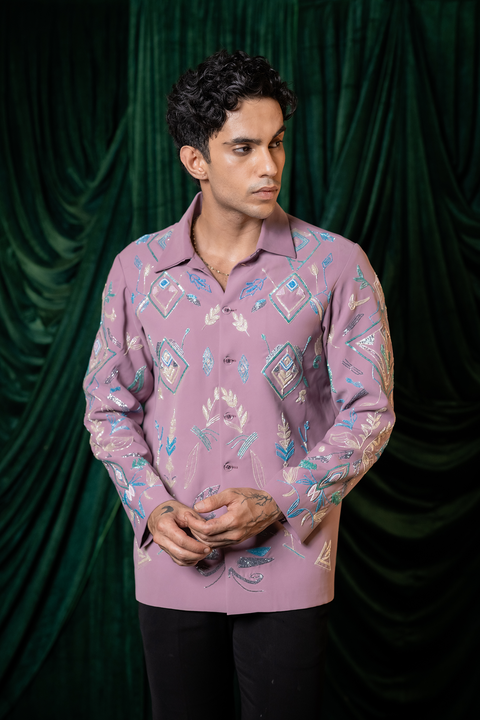 Foliage — Dusty Mauve Hand Embroidered Armani Fabric Shacket