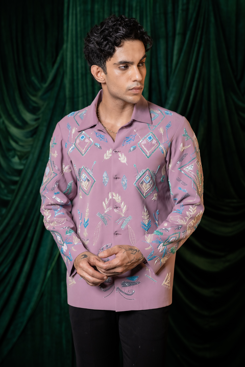 Foliage — Dusty Mauve Hand Embroidered Armani Fabric Shirt