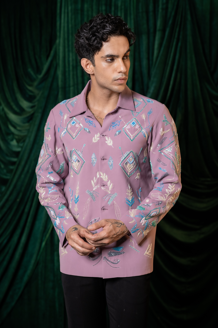 Foliage — Dusty Mauve Hand Embroidered Armani Fabric Shirt