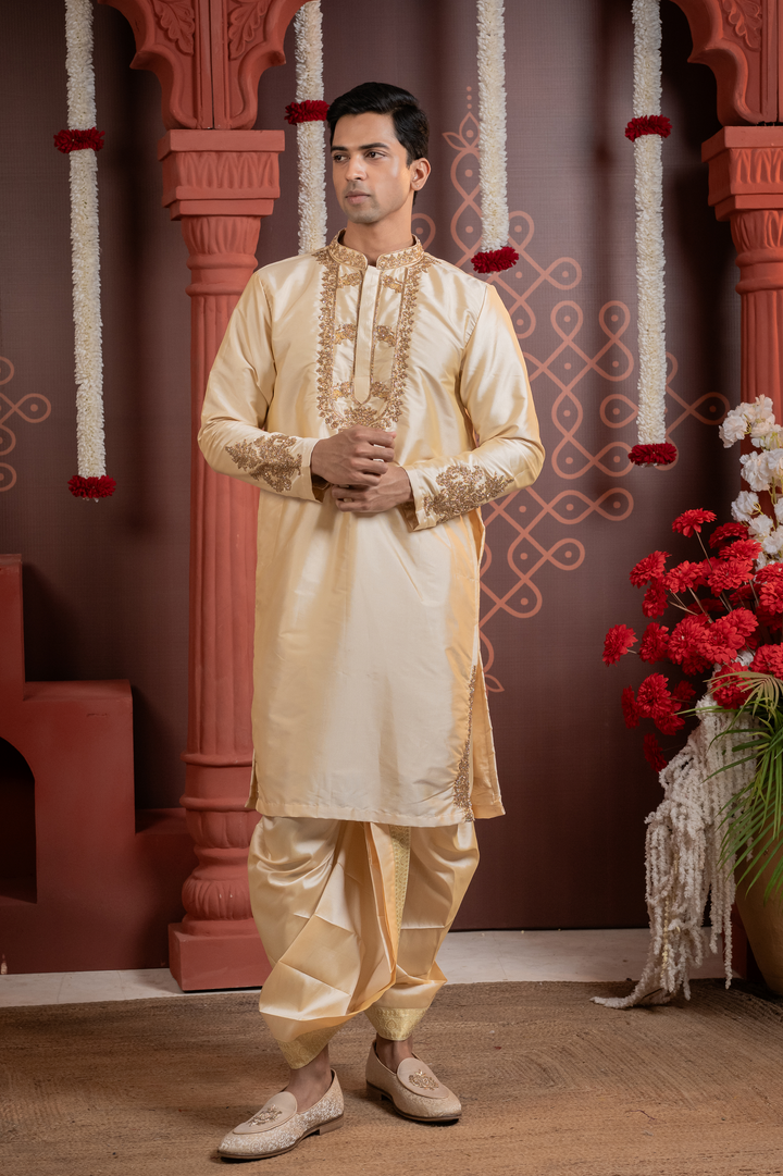 Dhavala — Ivory Hand Embroidered Necklace Placket &amp; Zari Border Semi Pattu Kurta + Dhoti &amp; Kanduva Set