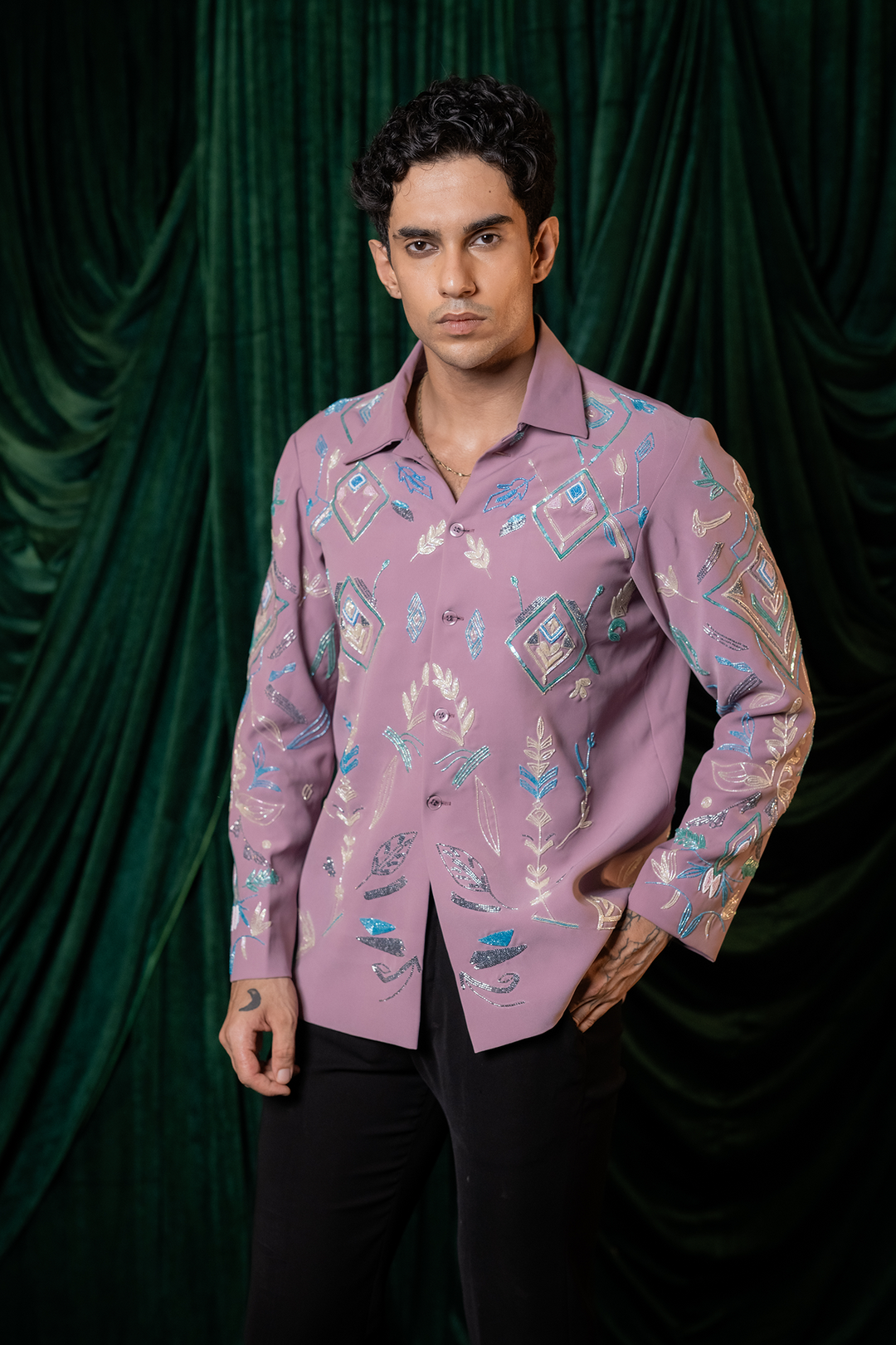 Foliage — Dusty Mauve Hand Embroidered Armani Fabric Shacket