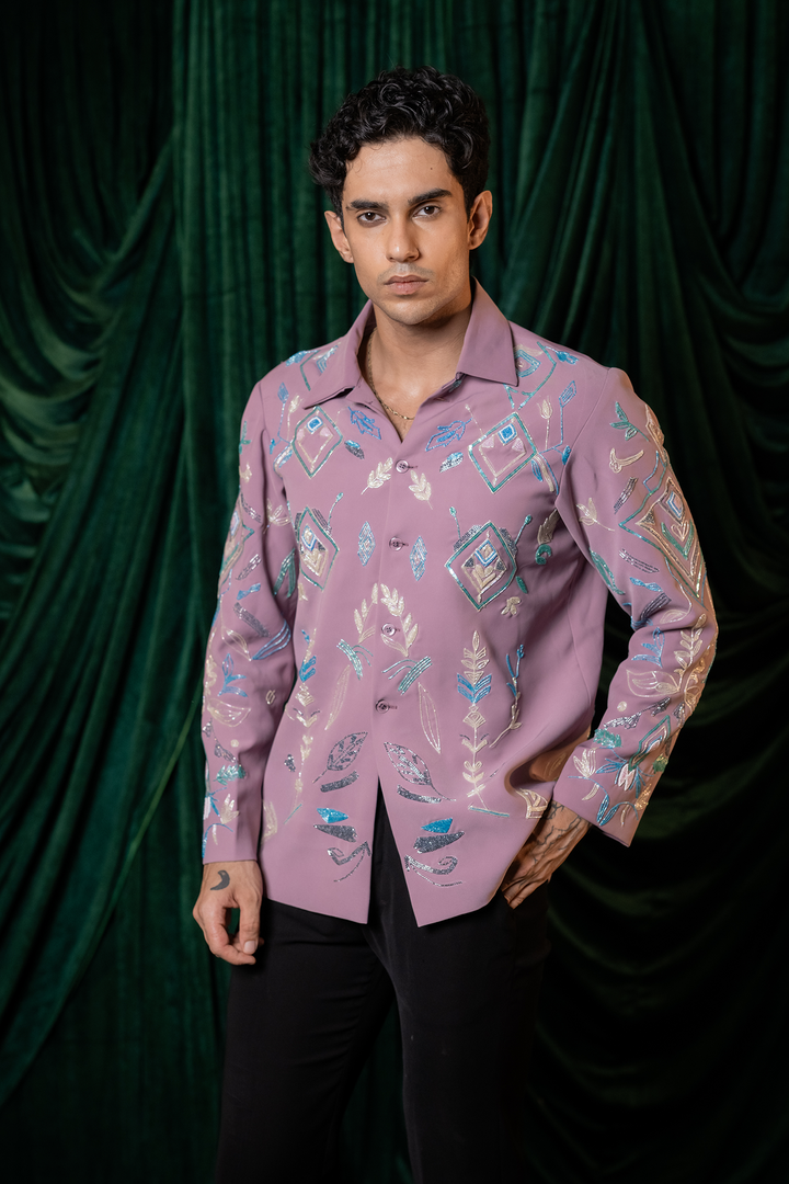 Foliage — Dusty Mauve Hand Embroidered Armani Fabric Shacket