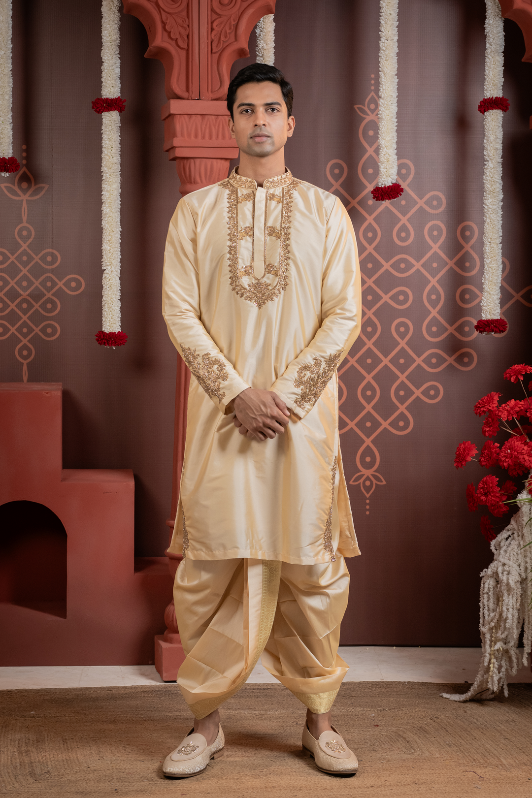 Dhavala — Ivory Hand Embroidered Necklace Placket &amp; Zari Border Semi Pattu Kurta + Dhoti &amp; Kanduva Set