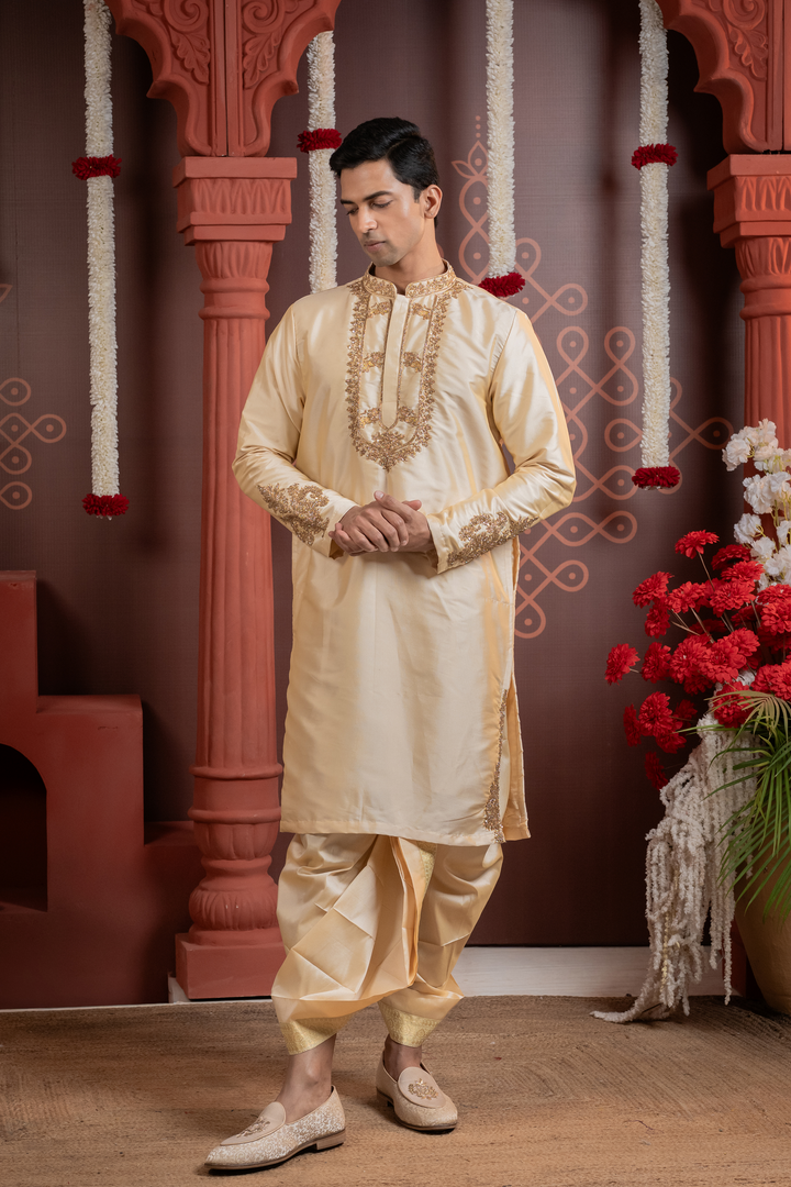 Dhavala — Ivory Hand Embroidered Necklace Placket &amp; Zari Border Semi Pattu Kurta + Dhoti &amp; Kanduva Set