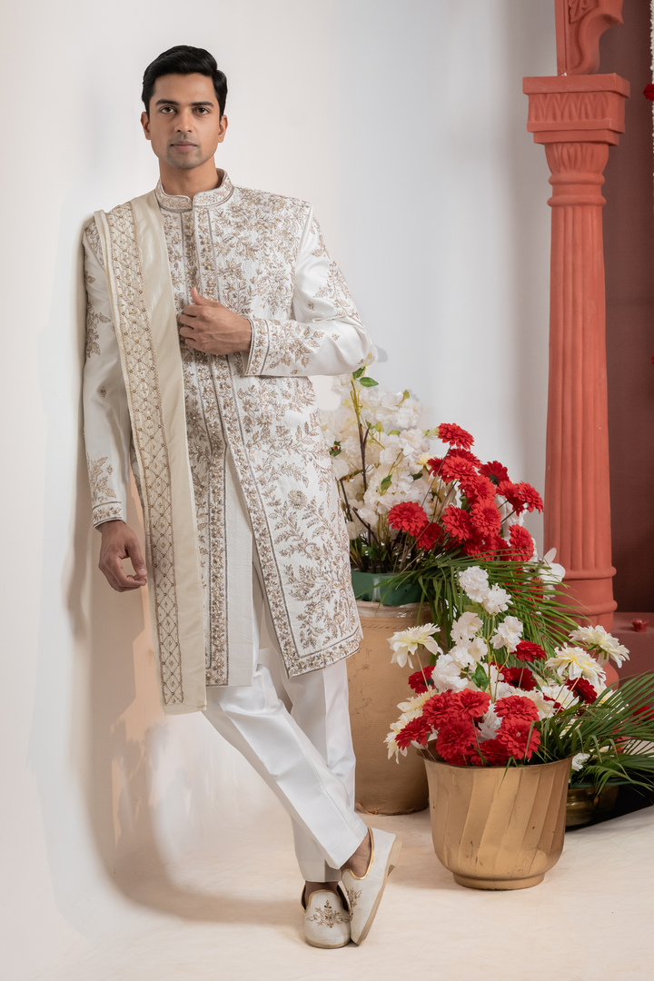 Rishav — Pearl White Dense Floral Jaal Hand Zardozi with Pearl Accents Dupion Silk Sherwani