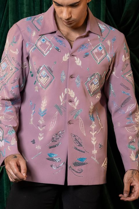 Foliage — Dusty Mauve Hand Embroidered Armani Fabric Shirt