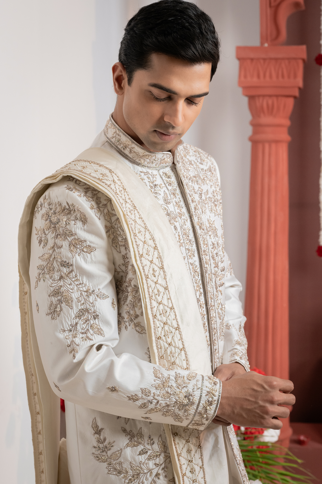 Rishav — Pearl White Dense Floral Jaal Hand Zardozi with Pearl Accents Dupion Silk Sherwani