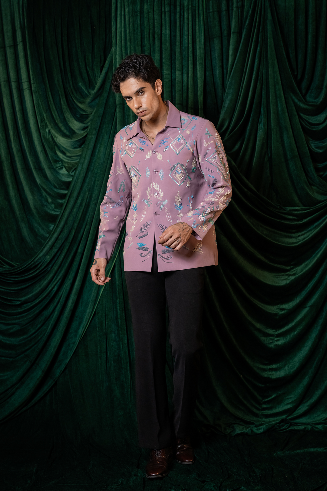 Foliage — Dusty Mauve Hand Embroidered Armani Fabric Shacket