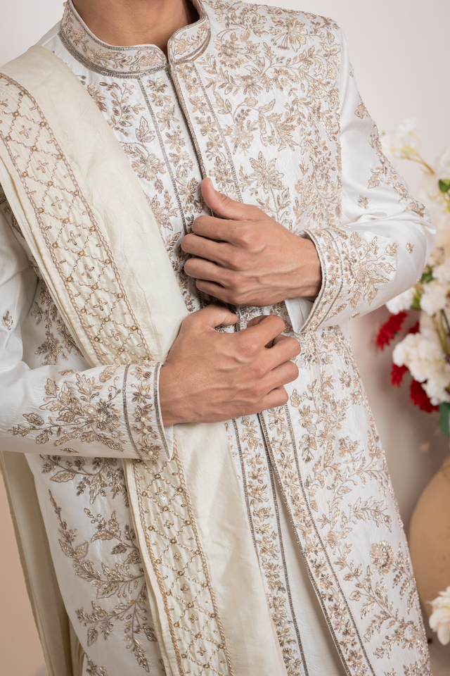 Rishav — Pearl White Dense Floral Jaal Hand Zardozi with Pearl Accents Dupion Silk Sherwani