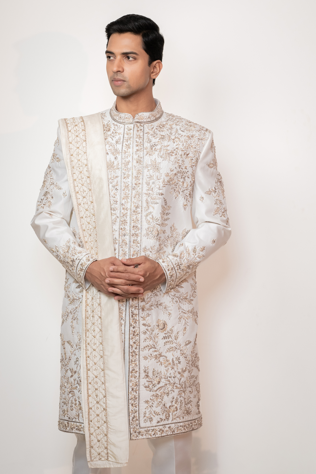 Rishav — Pearl White Dense Floral Jaal Hand Zardozi with Pearl Accents Dupion Silk Sherwani