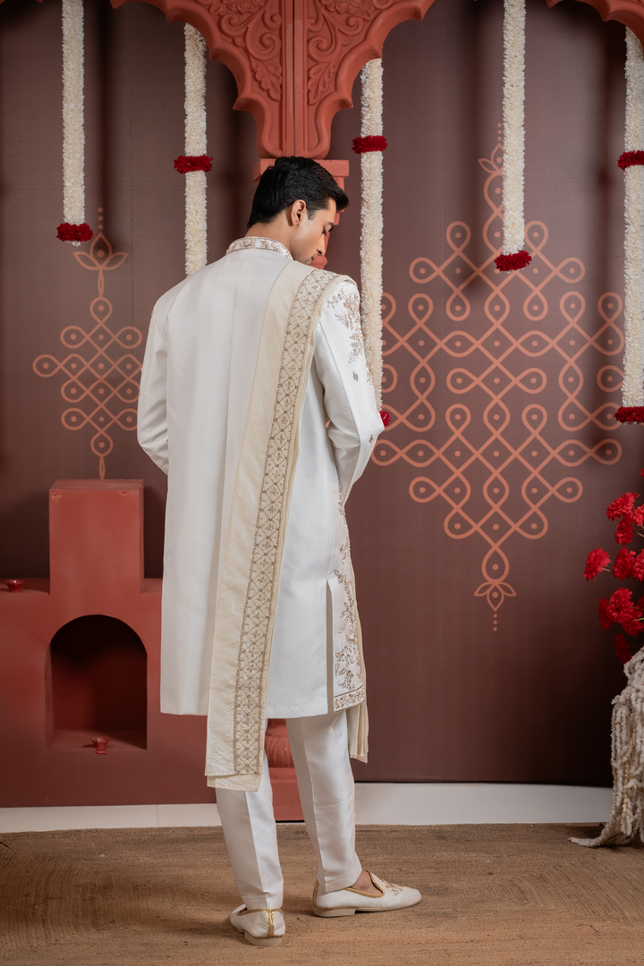 Rishav — Pearl White Dense Floral Jaal Hand Zardozi with Pearl Accents Dupion Silk Sherwani