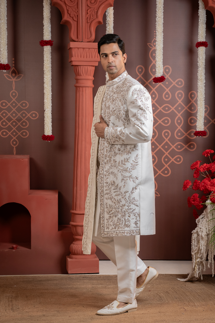 Rishav — Pearl White Dense Floral Jaal Hand Zardozi with Pearl Accents Dupion Silk Sherwani