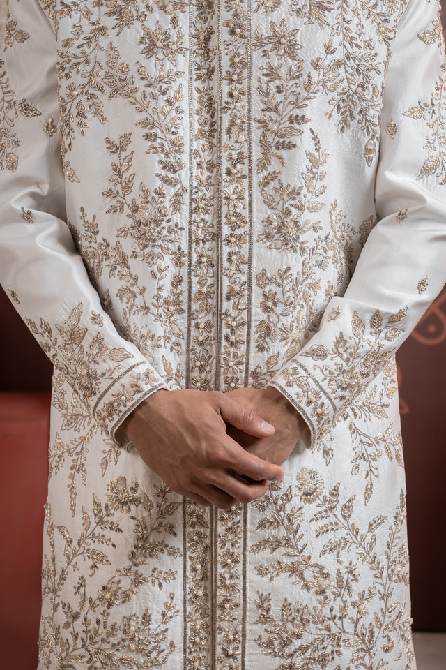 Rishav — Pearl White Dense Floral Jaal Hand Zardozi with Pearl Accents Dupion Silk Sherwani