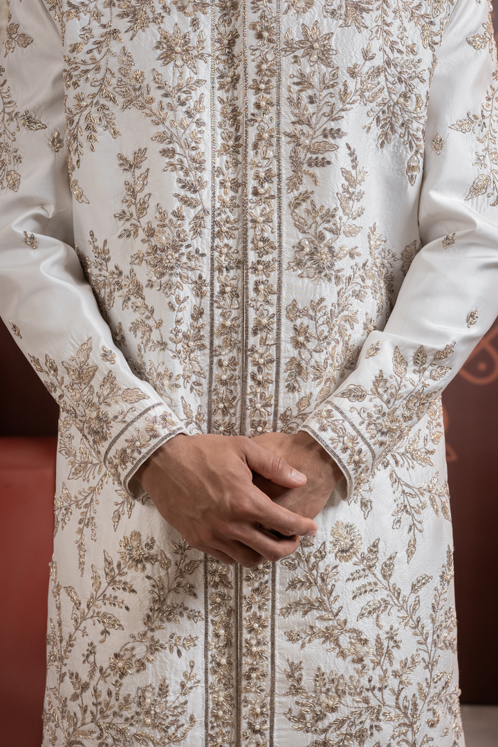 Rishav — Pearl White Dense Floral Jaal Hand Zardozi with Pearl Accents Dupion Silk Sherwani