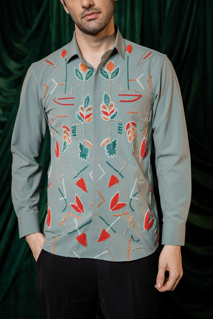 Eden — Olive Hand Embroidered 4-Way Stretch Shirt