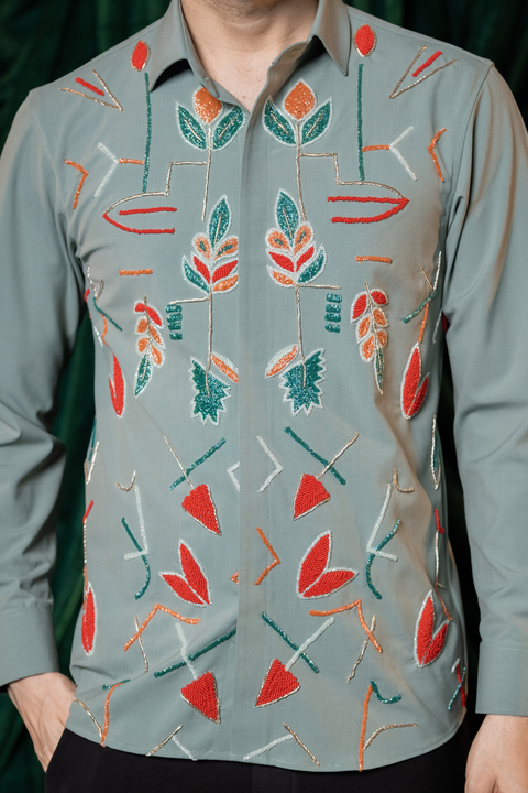 Vireo — Olive Hand Embroidered 4-Way Stretch Shirt