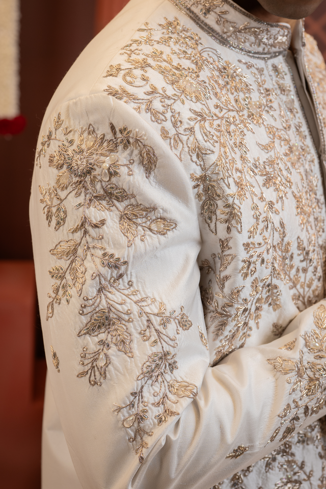 Rishav — Pearl White Dense Floral Jaal Hand Zardozi with Pearl Accents Dupion Silk Sherwani