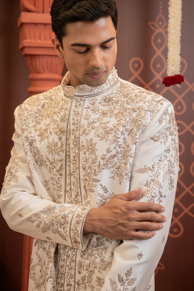 Rishav — Pearl White Dense Floral Jaal Hand Zardozi with Pearl Accents Dupion Silk Sherwani