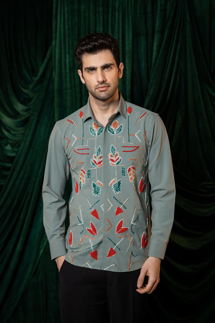 Eden — Olive Hand Embroidered 4-Way Stretch Shirt