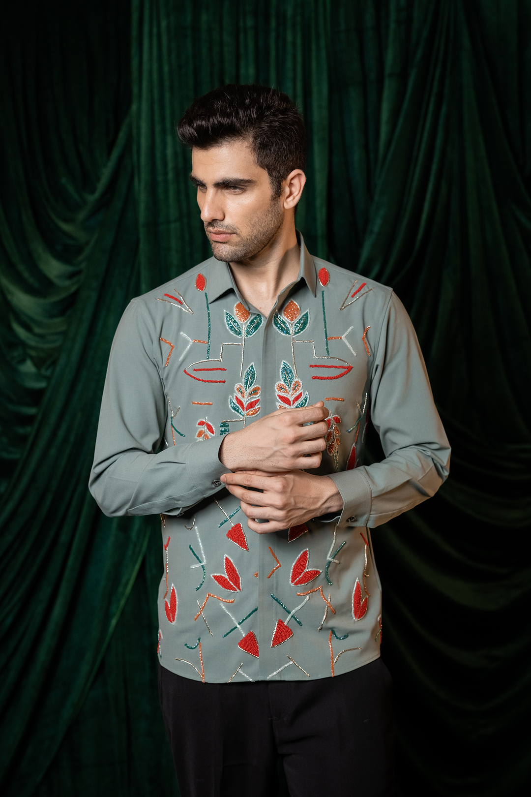 Eden — Olive Hand Embroidered 4-Way Stretch Shirt