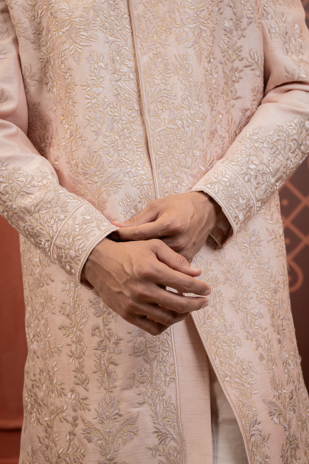 Zohair — Powder Pink Hand Embroidered Tonal Floral Jaal Falling Raw Silk Sherwani