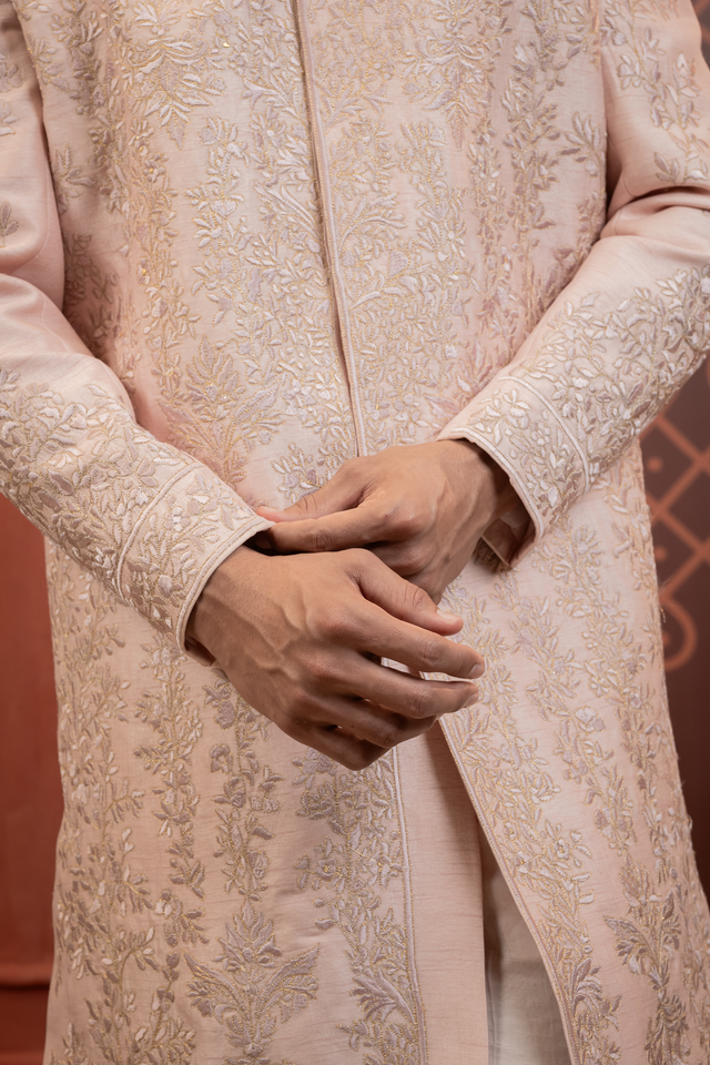 Zohair — Powder Pink Hand Embroidered Tonal Floral Jaal Falling Raw Silk Sherwani