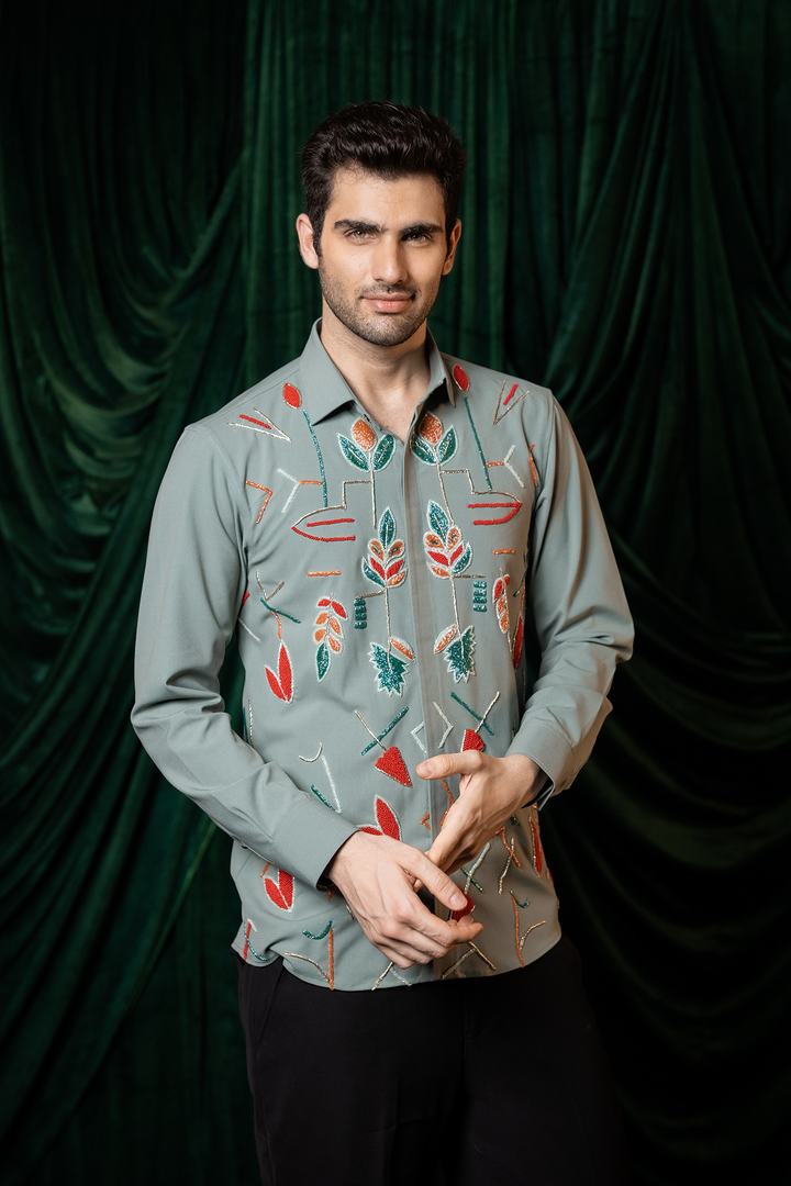 Eden — Olive Hand Embroidered 4-Way Stretch Shirt