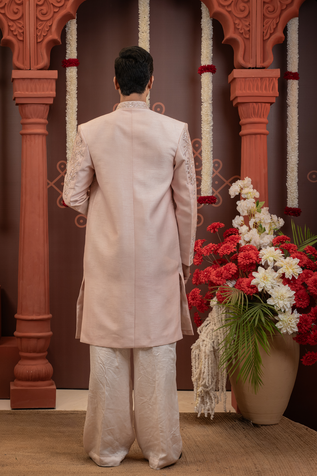 Zohair — Powder Pink Hand Embroidered Tonal Floral Jaal Falling Raw Silk Sherwani