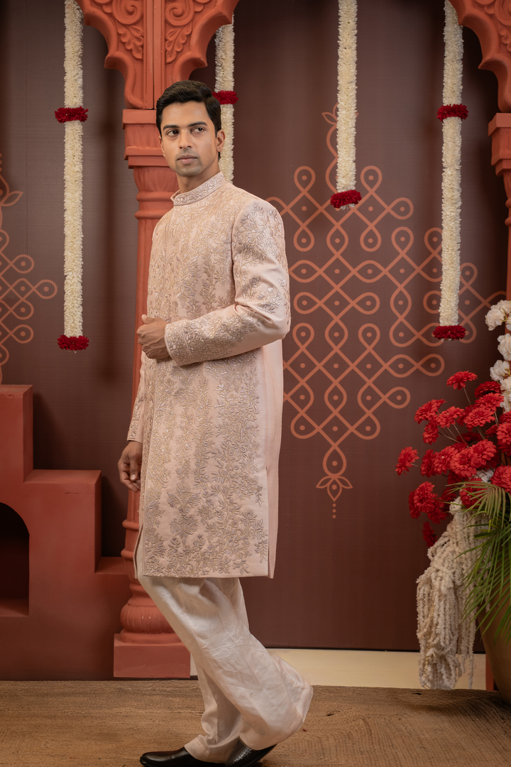Zohair — Powder Pink Hand Embroidered Tonal Floral Jaal Falling Raw Silk Sherwani