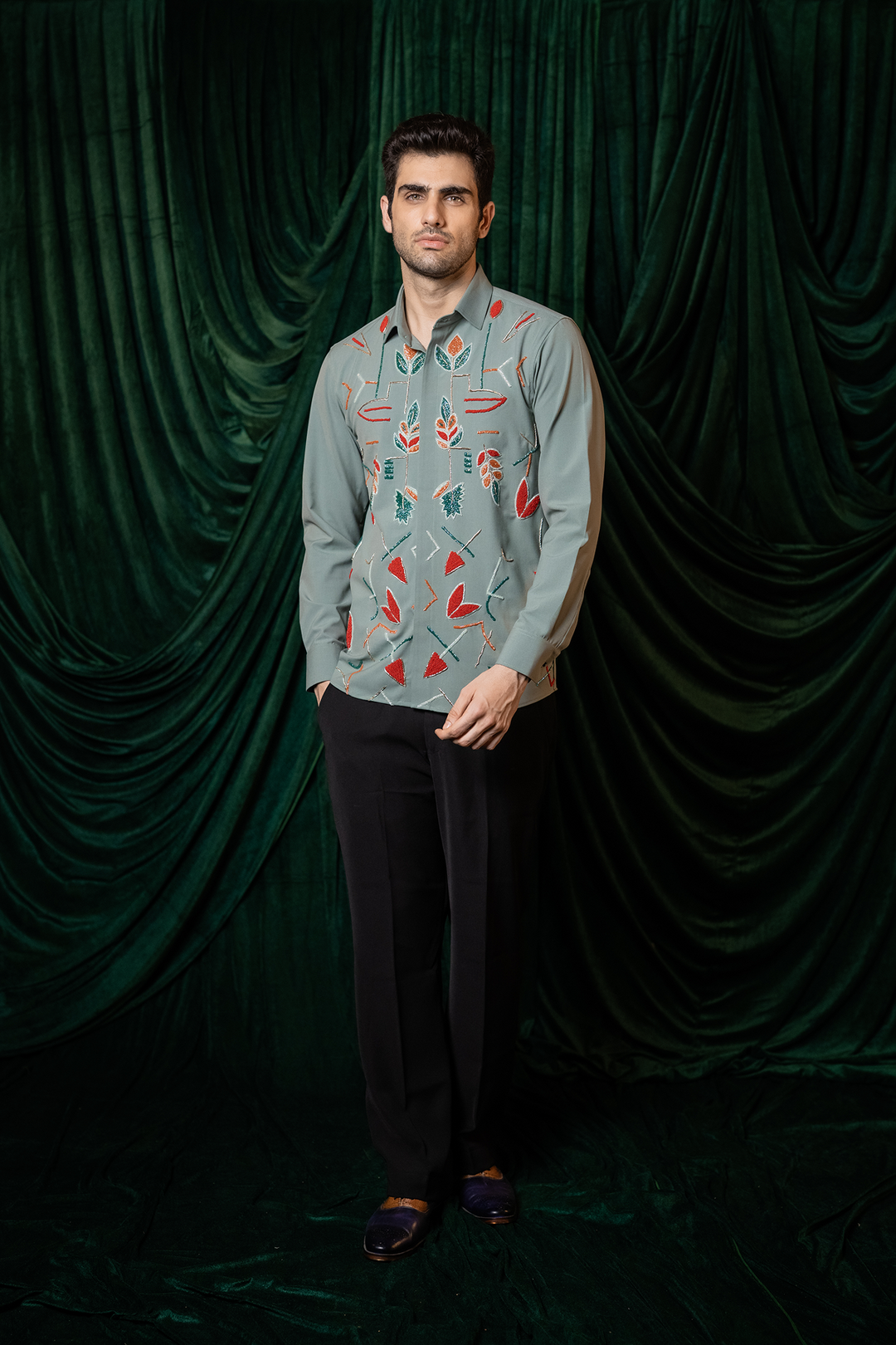 Eden — Olive Hand Embroidered 4-Way Stretch Shirt
