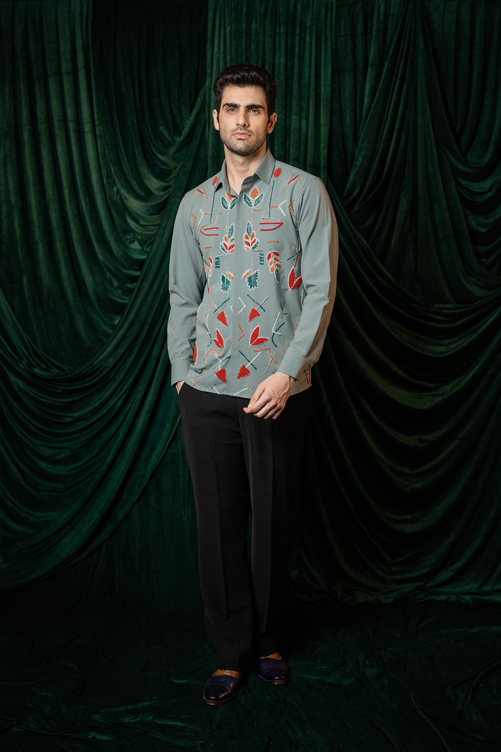 Eden — Olive Hand Embroidered 4-Way Stretch Shirt