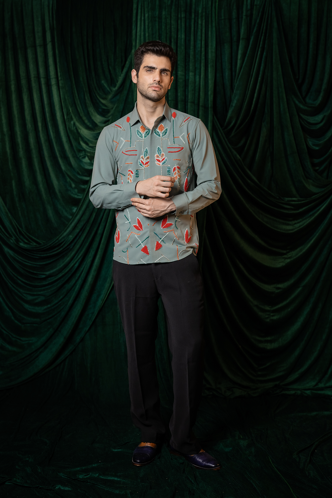 Eden — Olive Hand Embroidered 4-Way Stretch Shirt