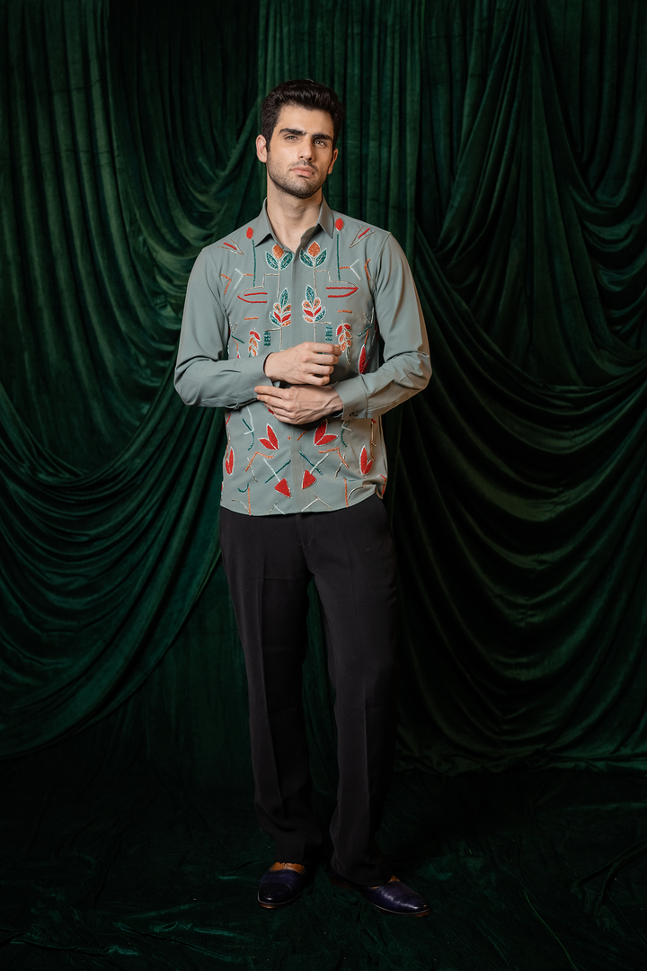 Eden — Olive Hand Embroidered 4-Way Stretch Shirt