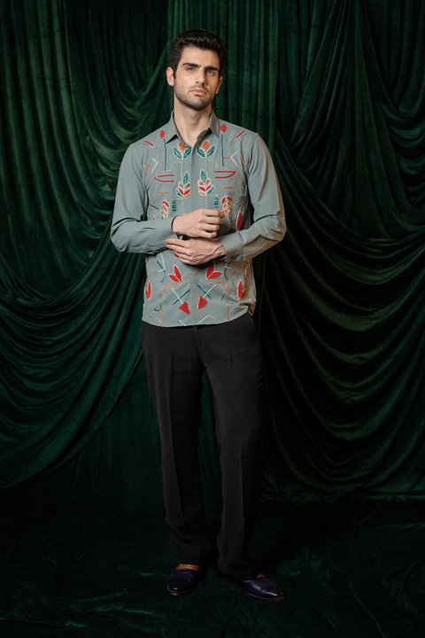 Vireo — Olive Hand Embroidered 4-Way Stretch Shirt
