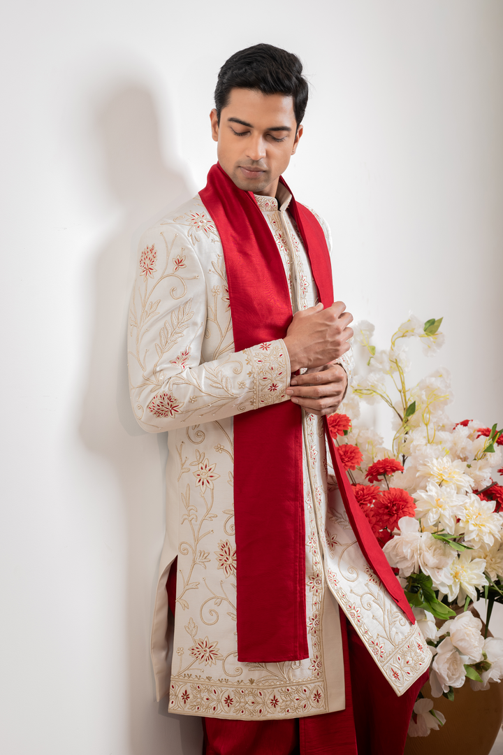 Raunak — Off-White Gold &amp; Red Thread Embroidered Floral Falling Raw Silk Sherwani