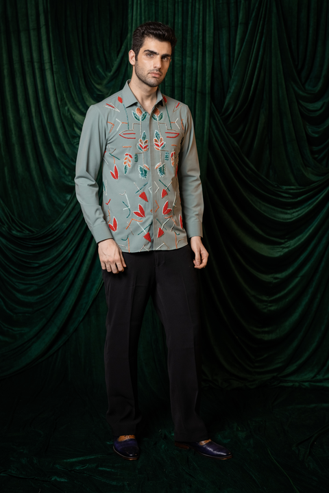 Vireo — Olive Hand Embroidered 4-Way Stretch Shirt