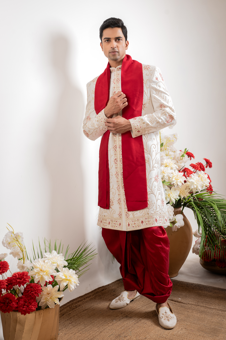 Raunak — Off-White Gold &amp; Red Thread Embroidered Floral Falling Raw Silk Sherwani