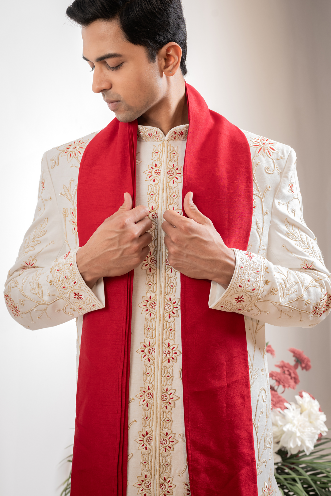 Raunak — Off-White Gold &amp; Red Thread Embroidered Floral Falling Raw Silk Sherwani