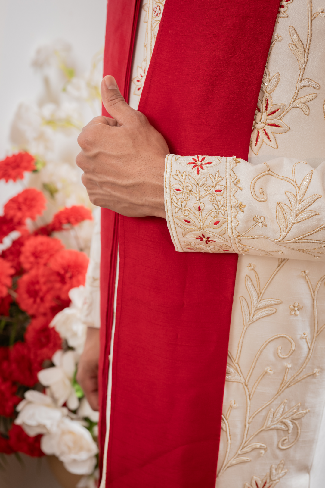 Raunak — Off-White Gold &amp; Red Thread Embroidered Floral Falling Raw Silk Sherwani